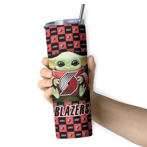 customized portland trail blazers yoda cozy red black skinny tumbler premium grade.webp
