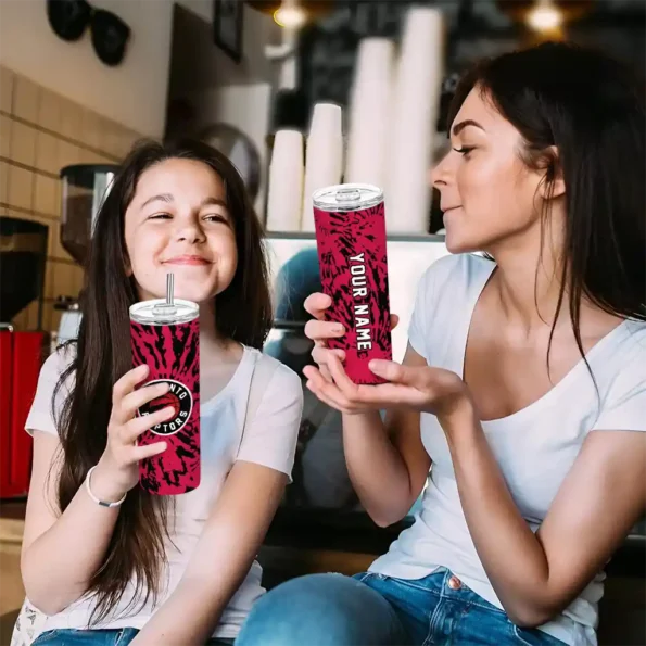 customized toronto raptors metallic grid red skinny tumbler trendy.webp
