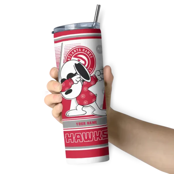personalized atlanta hawks snoopy dog red white skinny tumbler premium grade.webp