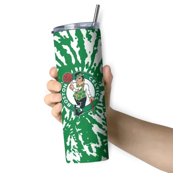 personalized boston celtics metallic grid green skinny tumbler premium grade.webp