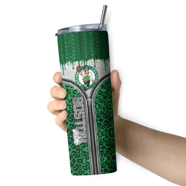 personalized boston celtics sparkle drip green skinny tumbler premium grade.webp