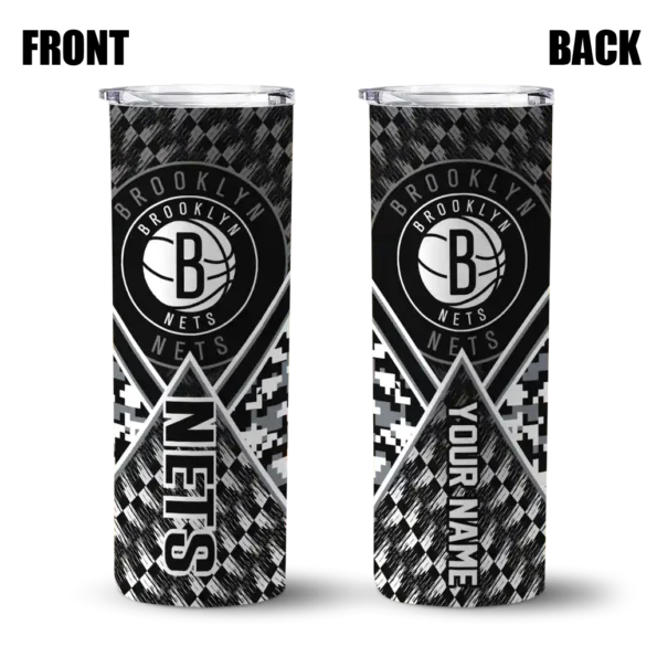 personalized brooklyn nets monogram burst black white skinny tumbler fashion forward.webp