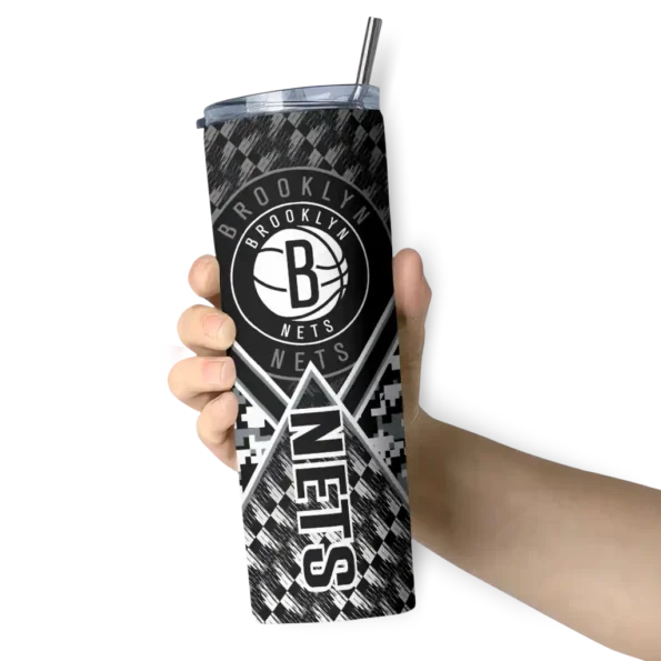 personalized brooklyn nets monogram burst black white skinny tumbler premium grade.webp