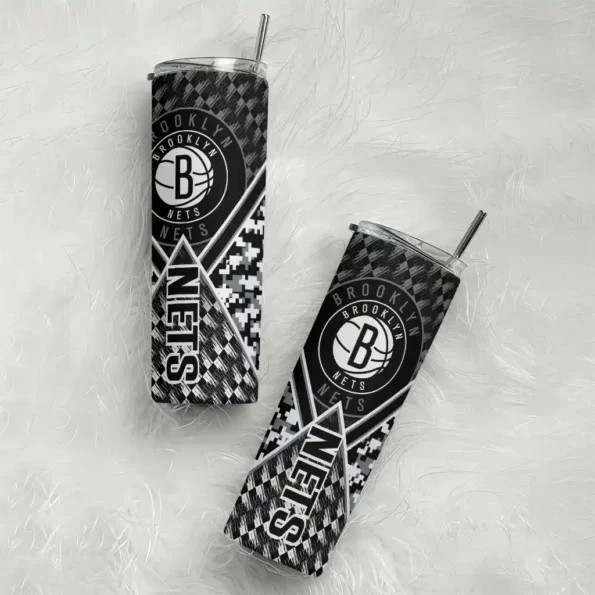 personalized brooklyn nets monogram burst black white skinny tumbler top rated.webp