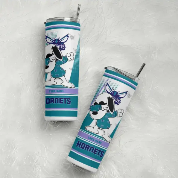 personalized charlotte hornets snoopy dog teal white skinny tumbler top rated.webp