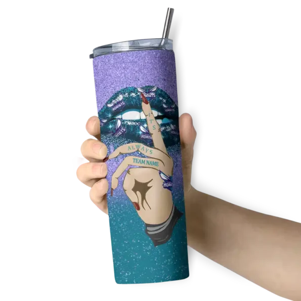 personalized charlotte hornets sparkle lips teal skinny tumbler premium grade.webp