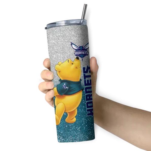 personalized charlotte hornets winnie the pooh teal gray skinny tumbler premium grade.webp