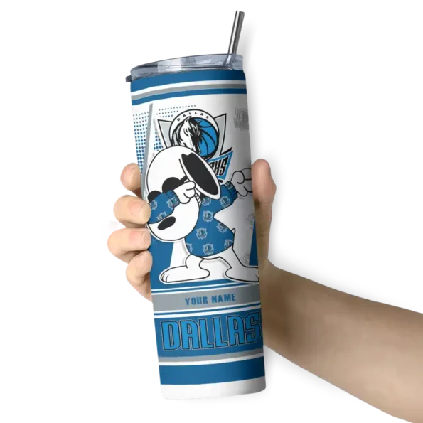 personalized dallas mavericks snoopy dog blue white skinny tumbler premium grade.webp