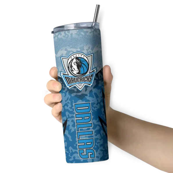 personalized dallas mavericks spiral burst print blue skinny tumbler premium grade.webp
