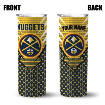 personalized denver nuggets chevron stripes blue skinny tumbler fashion forward.webp