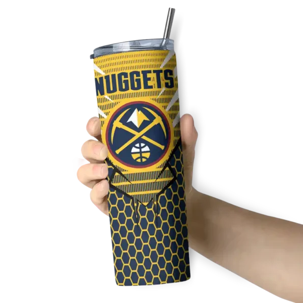 personalized denver nuggets chevron stripes blue skinny tumbler premium grade.webp