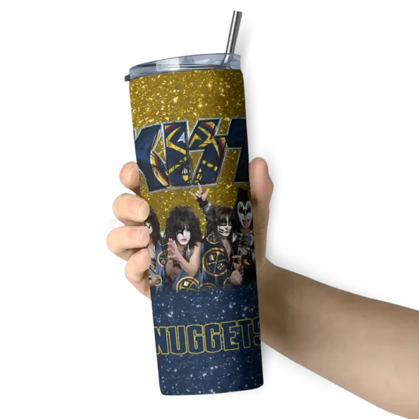 personalized denver nuggets kiss band yellow skinny tumbler premium grade.webp
