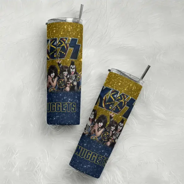 personalized denver nuggets kiss band yellow skinny tumbler top rated.webp