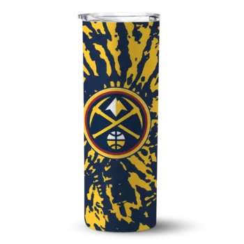 personalized denver nuggets metallic grid blue skinny tumbler best selling 1.webp