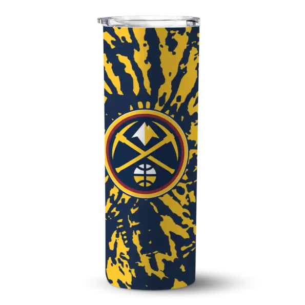 personalized denver nuggets metallic grid blue skinny tumbler best selling 1.webp