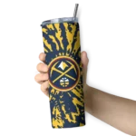 personalized denver nuggets metallic grid blue skinny tumbler best selling 1.webp
