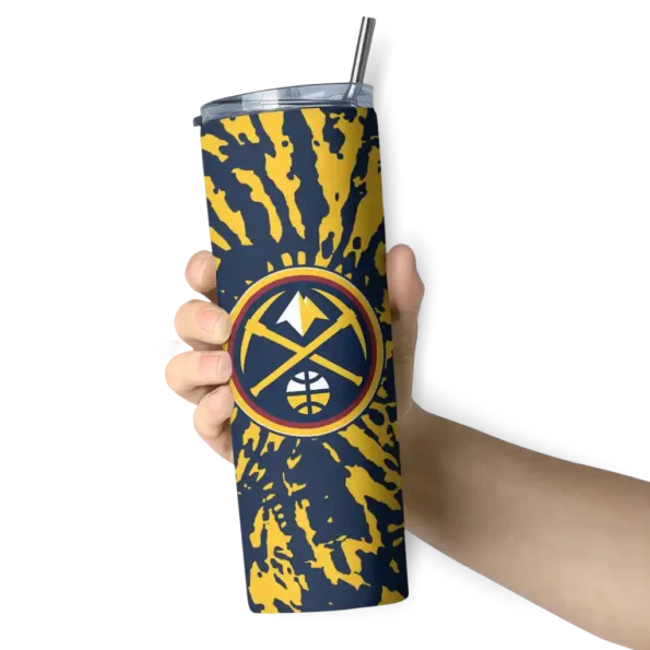 personalized denver nuggets metallic grid blue skinny tumbler premium grade.webp