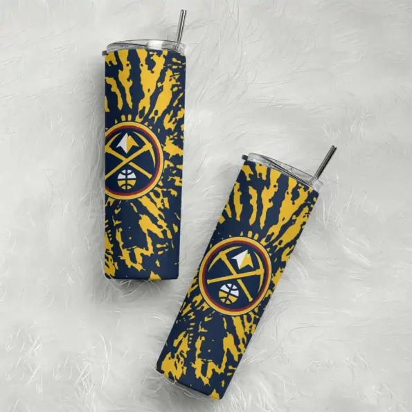 personalized denver nuggets metallic grid blue skinny tumbler top rated.webp