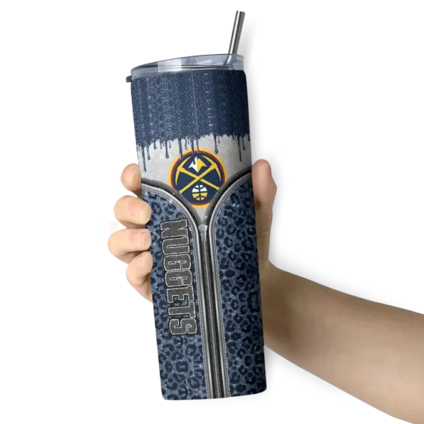 personalized denver nuggets sparkle drip blue skinny tumbler premium grade.webp