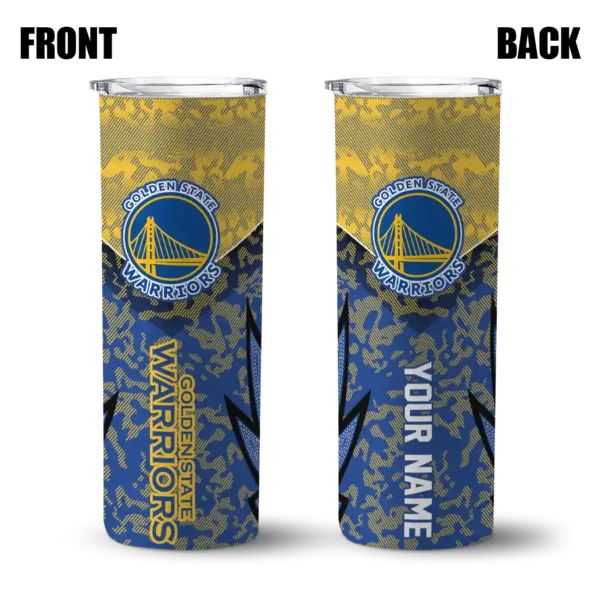 personalized golden state warriors spiral burst print blue skinny tumbler fashion forward.webp