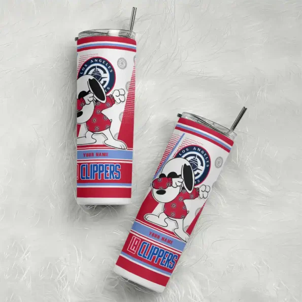 personalized los angeles clippers snoopy dog red white skinny tumbler top rated.webp