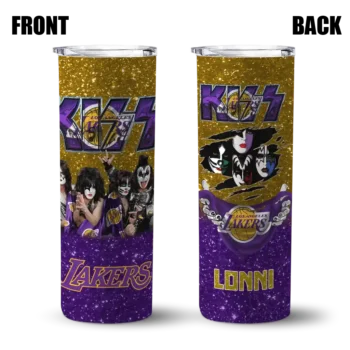 personalized los angeles lakers kiss band gold skinny tumbler fashion forward.webp