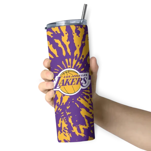 personalized los angeles lakers metallic grid purple skinny tumbler premium grade.webp