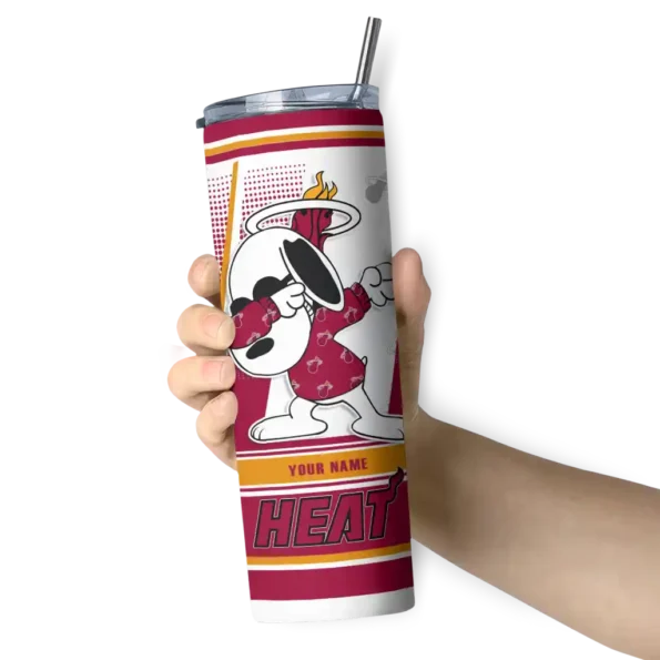 personalized miami heat snoopy dog red white skinny tumbler premium grade.webp