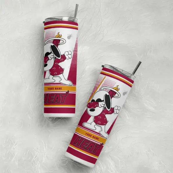 personalized miami heat snoopy dog red white skinny tumbler top rated.webp