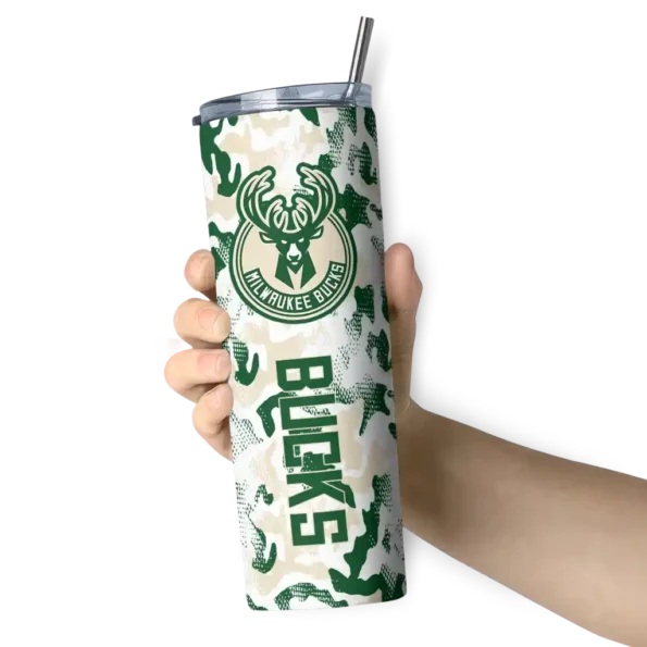 personalized milwaukee bucks claw marks green white skinny tumbler premium grade.webp