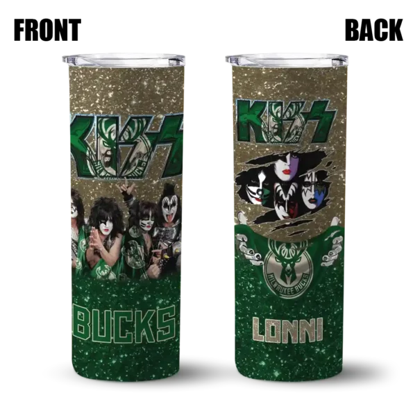 personalized milwaukee bucks kiss band cream skinny tumbler fashion forward.webp
