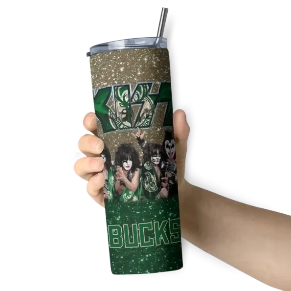 personalized milwaukee bucks kiss band cream skinny tumbler premium grade.webp