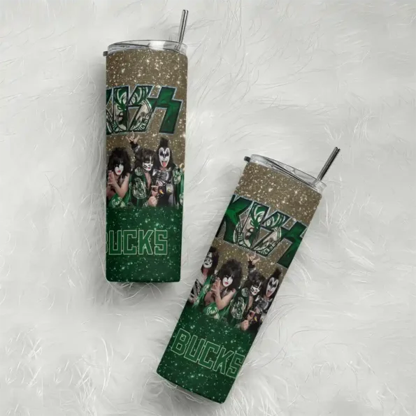 personalized milwaukee bucks kiss band cream skinny tumbler top rated.webp