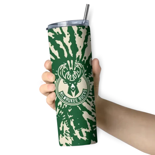 personalized milwaukee bucks metallic grid green skinny tumbler premium grade.webp