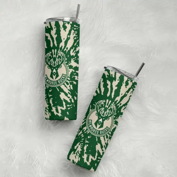 personalized milwaukee bucks metallic grid green skinny tumbler top rated.webp