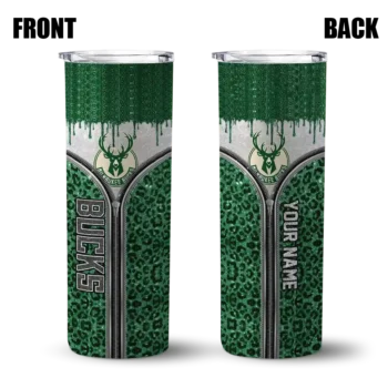 personalized milwaukee bucks sparkle drip green skinny tumbler fashion forward.webp