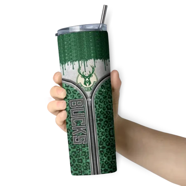 personalized milwaukee bucks sparkle drip green skinny tumbler premium grade.webp