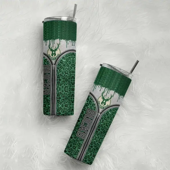 personalized milwaukee bucks sparkle drip green skinny tumbler top rated.webp
