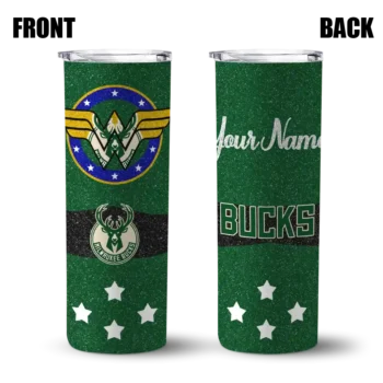 personalized milwaukee bucks star cluster green skinny tumbler fashion forward.webp