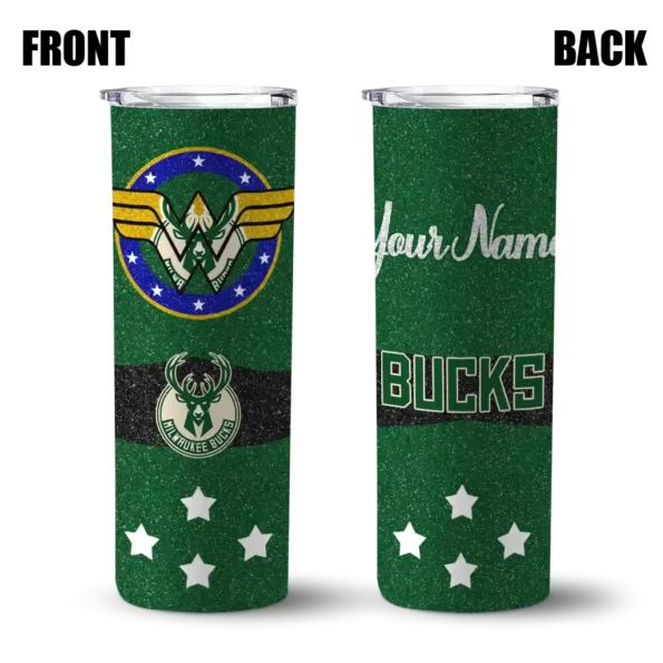 personalized milwaukee bucks star cluster green skinny tumbler fashion forward.webp