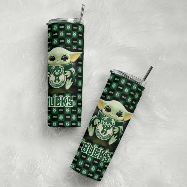 personalized milwaukee bucks yoda cozy green black skinny tumbler top rated.webp