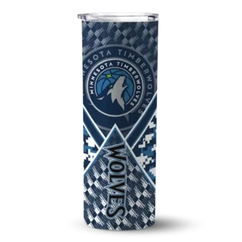 personalized minnesota timberwolves monogram burst midnight blue white skinny tumbler best selling.webp