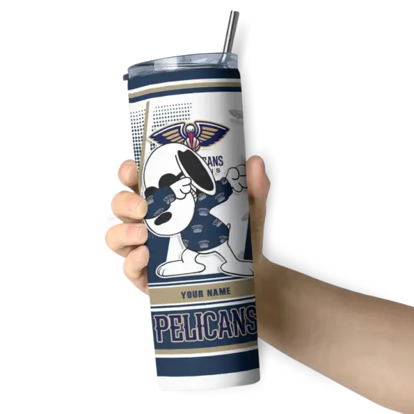 personalized new orleans pelicans snoopy dog navy white skinny tumbler premium grade.webp
