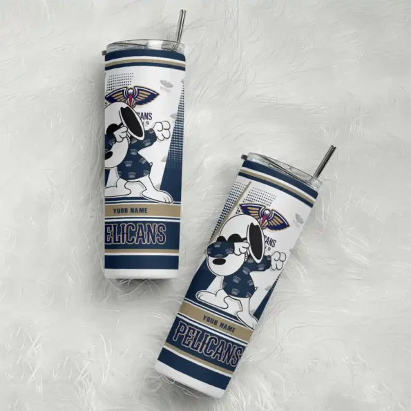 personalized new orleans pelicans snoopy dog navy white skinny tumbler top rated.webp