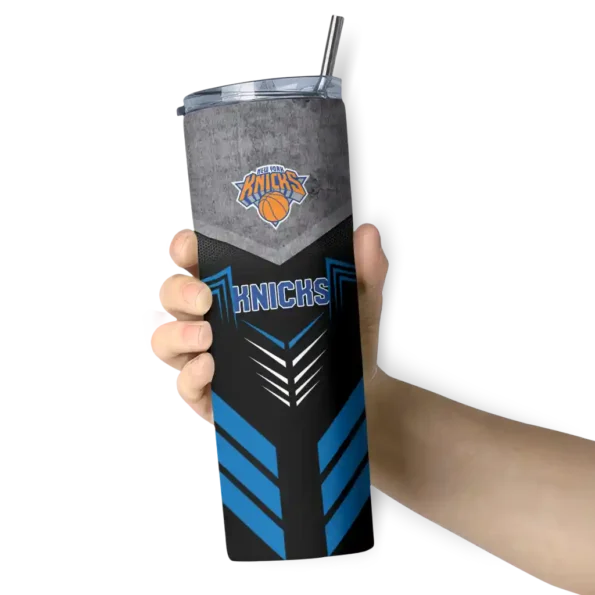 personalized new york knicks hexagon honeycomb blue black skinny tumbler premium grade.webp
