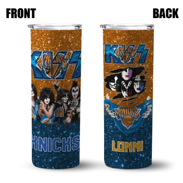 personalized new york knicks kiss band orange skinny tumbler fashion forward.webp