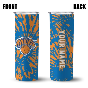 personalized new york knicks metallic grid blue skinny tumbler fashion forward.webp