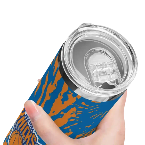 personalized new york knicks metallic grid blue skinny tumbler high quality.webp