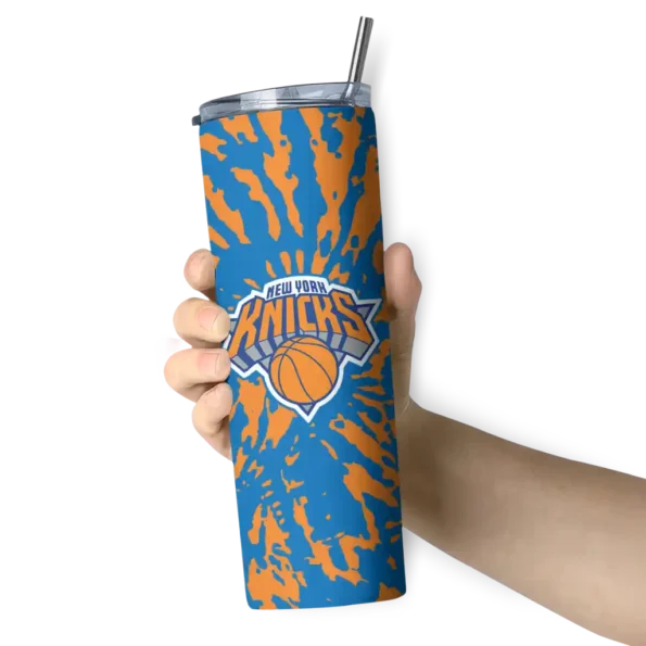 personalized new york knicks metallic grid blue skinny tumbler premium grade.webp