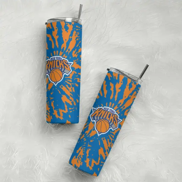 personalized new york knicks metallic grid blue skinny tumbler top rated.webp